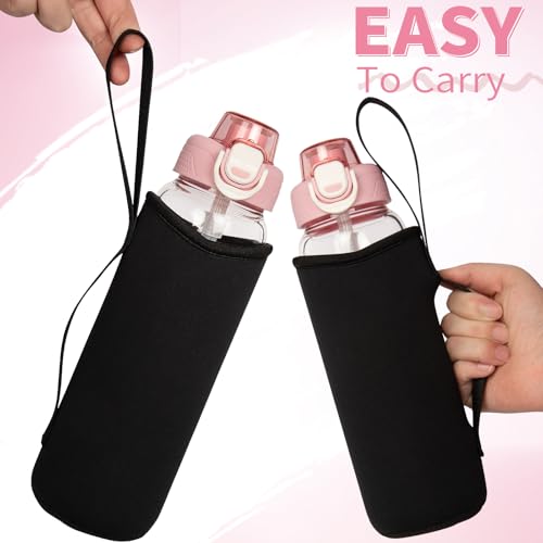 DEARRAY 600ml Glass Kids Water Bottle with Straw & Neoprene Sleeve 0.6l BPA free School Glass Drinking Bottle Leakproof