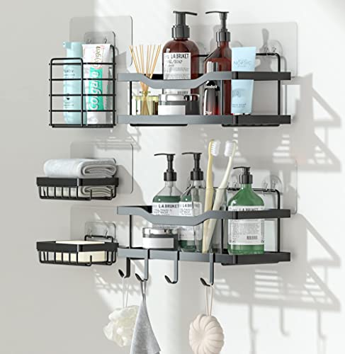 Mtanvxay 5-Pack Shower Caddy, Adhesive Bathroom Organizer, No Drilling, Large Capacity, Rustproof Stainless Steel Bathroom Shower Organizer with 4 Hooks, Shower Shelf for Inside Shower Tiokkss Black