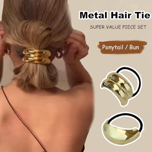4PCS Metal Hair Ties,Metal Geometric Elastic Hair Ties,Ponytail Hair Cuff,Gold Hair Ties,Gold Hair Cuff Wrap Hair Ties for Thick Hair Gold Ponytail Cuff Elastic Hair Ties for Women Hair Accessories