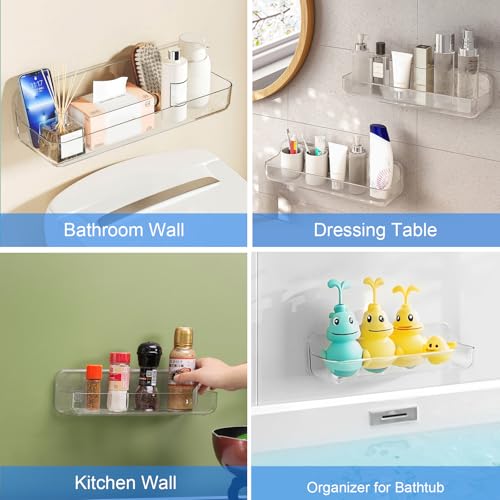 Diesisa Acrylic Wall Mounted Shower Caddy, Clear, 12.4" x 3.42" x 3.26" Acrylic Shelf, No Drilling Hang Walls Adhesive Shelf, Acrylic Bathroom Shelves with Self Adhesive Tape for Bathroom, Kitchen