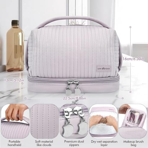 Azonee Large Capacity Makeup Bag, Portable PU Leather Cosmetic Organizer, Dry and Wet Separation Double-Deck Spacious Toiletry Pouch for Women, Makeup Storage Handbag for Travel & Daily Use (Purple)