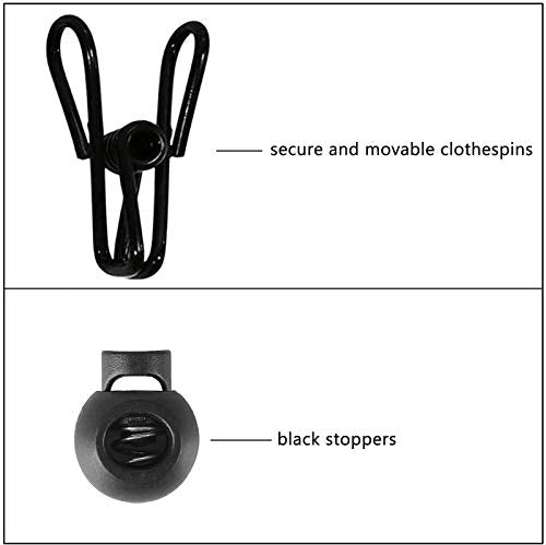 Yansanido Pack of 1 Portable Clothesline with 12pins with 13pcs Black Clips Adjustable Stretchy Travel Elastic Clothesline Elastic Laundry Clothes line (Black)