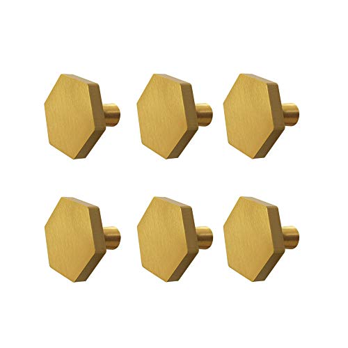 Tokatuker 6-Pack 30mm(1.2") Solid Brass Knob Simple Chamfered Hexagon Kitchen or Furniture Cabinet Hardware Drawer Handle Knob, Brushed Brass (1.2" Hexagon)