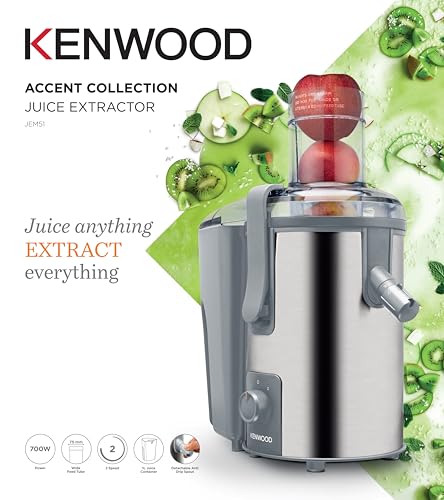 KENWOOD Juicer 700W Stainless Steel Juice Extractor with 75mm Wide Feed Tube, 2 Speed, Transparent Juice Jug, Pulp Container, Anti Drip for Home, Office, Restaurant &Cafeteria JEM51.000GS Grey/Silver