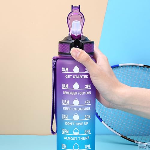 EVVV 35oz/1L Motivational Water Bottle with Time Marker & Encourage Phrase - BPA Free, Leakproof Wide Mouth, Fast Flow Technology, Perfect for Daily Hydration(Purple Blue)