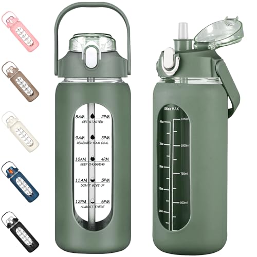 kytffu 56oz Glass Water Bottles with Straw, Motivational Glass Bottle with Silicone Sleeve and Time Marker, Leakproof Large Glass Water Jug for Gym Home Office,Olive