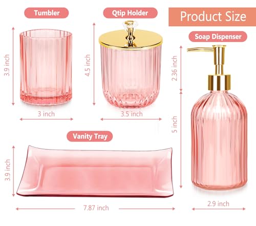 Bathroom Accessories Set, 4 Pcs Glass Bathroom Accessories Sets Complete w/Lotion Soap Dispenser, Toothbrush Holder, Apothecary Jar, Vanity Tray, Modern Bathroom Decor, Gift for Home Apartment- Pink