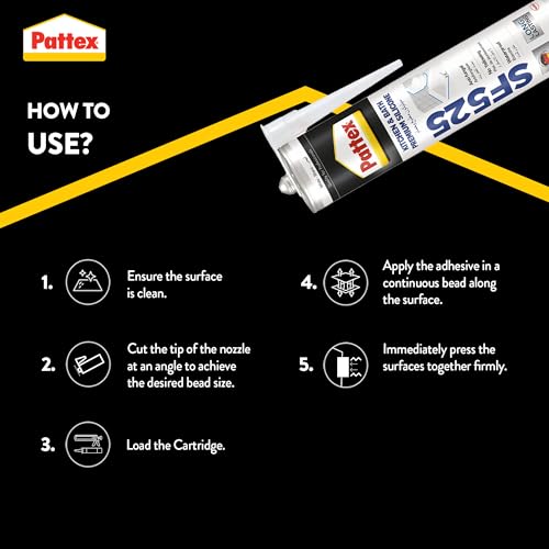 Pattex Sf525 Kitchen And Bath Premium Silicone Sealant, Mould Resistant, Ideal For Showers, Toilets Tiles, Easy Bathroom Sealant 1X280ML Cartridge