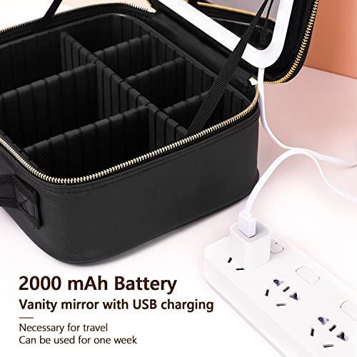 VANMRIOR Travel Makeup Bag with LED Lighted Make up Case with Mirror 3 Color Setting Cosmetic Makeup Box Organizer Vanity Case for Women Beauty Tools Accessories Case Rechargeable, Black, Travel