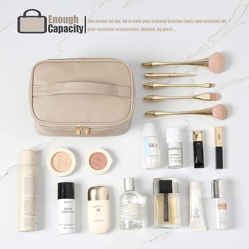 LYNSAY Makeup Bag Travel Cosmetic Bags Multifunction Organizer Storage Bag Toiletry Bag Leather Waterproof Bag for Women for Women Girls Pouch Cute (beige)