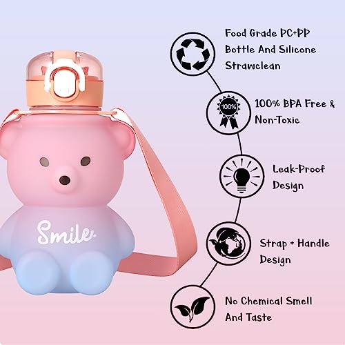Fuyamp Kawaii Bear Water Bottle With Straw and Strap,800ml Cute Gradient Colorful Water Bottles Portable Leakproof BPA-free Drinking Cups for Kids Girls Women Sports Camping Picnic Hiking Travel