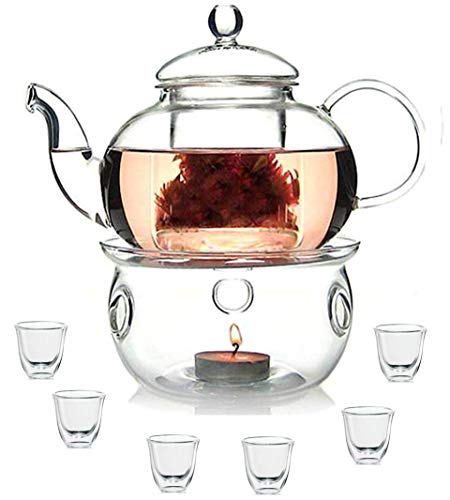 Lushh Borosilicate Heat-resistant Glass Tea Pot Set, Infuser Teapot 800 ML+ Tea Warmer+ 80 Ml Double Wall Cup 6pcs