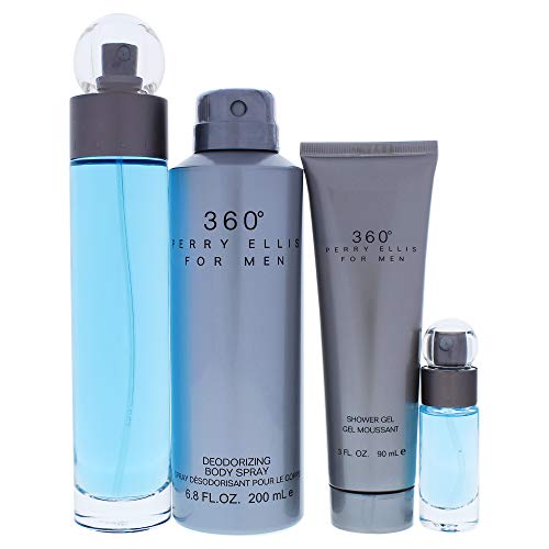Perry Ellis 360 4 Pc Gift Set For Men - 3.4oz EDT Spray, 6.8oz Deodorizing Body Spray, 3.0oz Shower Gel, 0.25oz EDT Spray