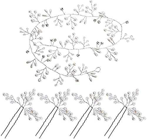 Wedding Pearl Hair Vine *1 + Crystal Hair Pins *4 - Bride Jewelry Hair Accessories Bridal Headband Headwear Pearl Wedding Hairband Headpiece for Wedding Prom Party Festival Headdresses for Women Girls