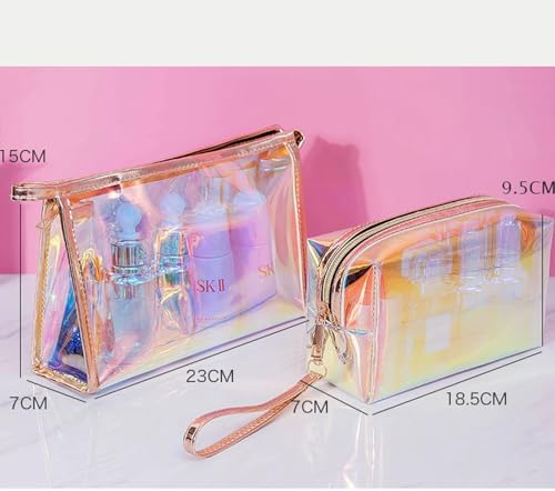 Tazweeq 3 Pieces Holographic Makeup Bag Portable Travel Iridescent Cosmetic Pouch TPU Waterproof Cosmetic Bags for Makeup Tools Organize, Women Toiletries, Travel, Pencil Case