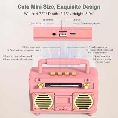 Azonee Mini Retro Bluetooth Speaker, Portable Bluetooth Stereo Speaker, Small Vintage Wireless Speaker Support TF Card - USB, for Travel, Home, Beach, Kitchen for Android/iOS Devices (Pink)
