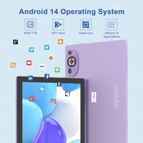 C idea10.1 Inches Tablet,Android 14 Tab,5G Tablet Dual SIM 8GB RAM 1TB ROM,10000mAh Battery With Bluetooth Keyboard,Mouse and Speaker CM8200plus(Purple)