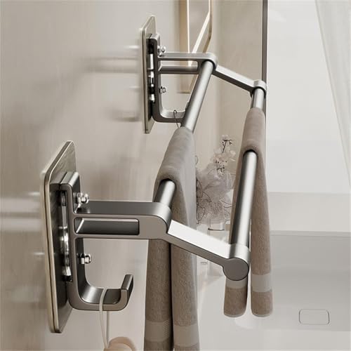 TERRIFI 60cm Towel Rail - Self Adhesive Towel Bar, Anti-Rust Aluminium Rack Holder, No Drilling 2 Tier Double Rod Towel Shelf Storage with 2 Hooks, Wall Mounted for Bathroom, Kitchen, Shower