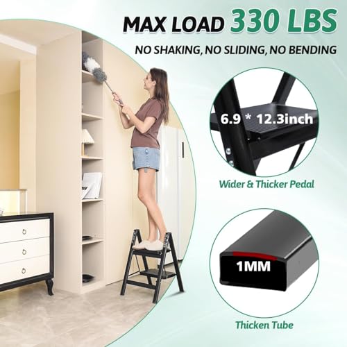 MOMENT 2 Step Ladder Folding Step Stool, Heavy Duty 330 Lbs Load Stepladder, Small Kitchen/Closet Ladder for Adults/Kids, Lightweight Step Ladder with Anti-Slip Wide Pedal for Home, Black