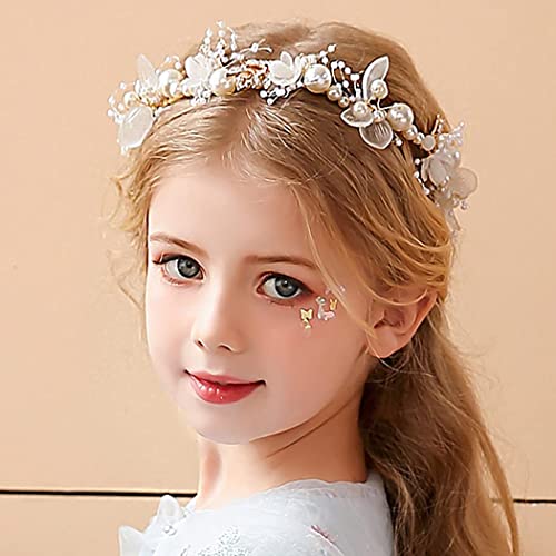 JWWYJ Princess Flower Crystal Headpiece Rhinestone Pearl Headband Alloy Floral Bridal Hair Accessories Communion Wedding Prom Photography for Girls and Women