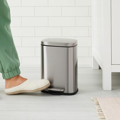 Amazon Basics Smudge Resistant Rectangular Trash Can With Soft-Close Foot Pedal, Brushed Stainless Steel, for Bathroom & small space, 5 L /1.32 Gal, Satin Nickel Finish, 7.3x8.5 x11.8 in (LxWxH)