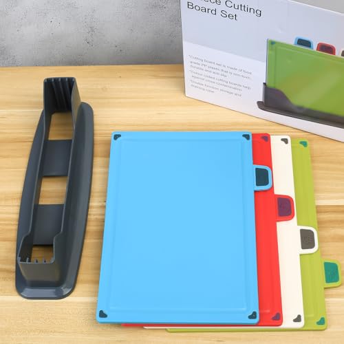 Plastic Chopping Board, Set of 4, 30 x 20 cm, Chopping Board Set with Stand, Dishwasher Safe PP, BPA-Free, Non-Slip Chopping Boards Set, Kitchen Boards for Fruit, Vegetables, Meat