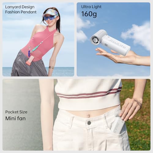 JISULIFE Turbo Hand Fan - 2024 Ultra Power Pocket Fan, Unique Sleek Design, Mini Handheld Fan with 5 Speeds, Lanyard, USB Rechargeable Portable Fan for Travel,Women,Men, Mini Fan Game Changer -Grey
