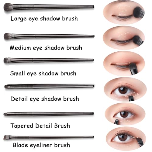 6PCS Eye Makeup Brush Set with Storage Bag, Angled & Blending Brushes for Precise Eyeshadow Application, Smudging & Defining - Black, Essential Beauty Tools for Flawless Makeup Looks