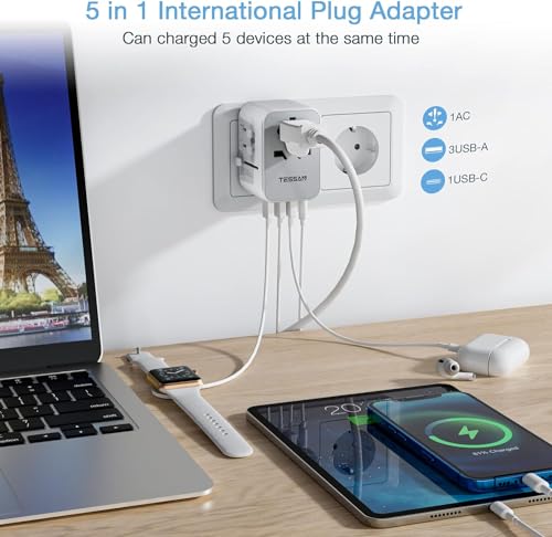 TESSAN International Plug Adapter, Universal Power Adaptor with 4 USB Ports (1 USB C), Worldwide Travel Essentials Wall Charger for USA to Europe France Germany Spain Ireland Australia(Type C/G/A/I)