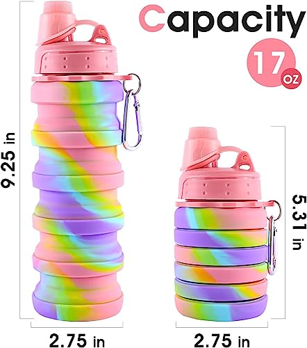 Collapsible Folding Water Bottles for Kids, Students, Adults, Reusable BPA Free Silicone Foldable Sports Water Bottles for Travel Camping Hiking, Pink