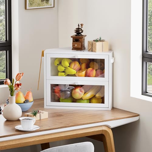 WOWLIVE Corner Bread Box for Kitchen Countertop, Large Double Layer Bread Storage Container for Homemade Bread, Black Bread Holder for Kitchen Counter, Under Cabinet Organizer (White, Medium)