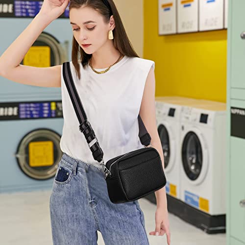 Efilra Crossbody Bag for Women, Small Leather Camera Purse Thick Strap Cross-body Bags, Triple Zip Shoulder Bag with Guitar Strap, B-black, Camera Crossbody Bag