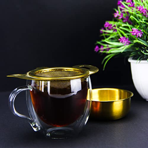 Tealand Durable Stainless Steel Fine Mesh Gold Infuser with Tray Perfect Size Suitable To Any Teapot Mugs Cups To Steep Green Black Herbal Oolong Loose Leaf Tea 10x7.3cm