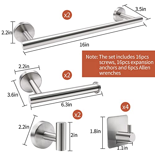 FGBNM Bathroom Hardware Set, 10pcs Bathroom Hardware Set, Brushed Nickel Bath Hardware Set Including 16" Hand Towel Bars, Toilet Paper Holders, 3 Multifunctional Robe Hooks (10pcs, Brushed Nickel)