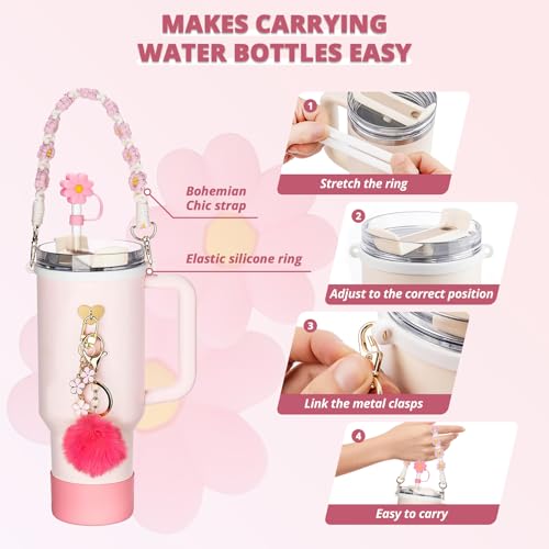 Hahamiya Stanley Cup Accessories Set of 7 - Silicone Boot, Water Bottle Handle Strap, Straw Cover, Charms for 40/30 oz Tumbler - Pink