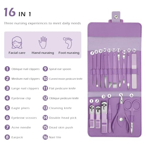 NALACAL 16-Piece Premium Travel Manicure Set - Stainless Steel Nail Clippers, Tweezers, Scissors, Cuticle Nipper & Pedicure Tools with Stylish Purple PU Leather Case - Portable Nail Care Kit