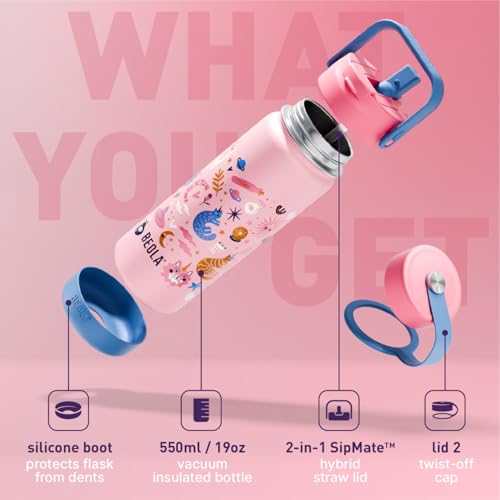 BEOLA 550ml Kids Water Bottle 18/8 Stainless Steel Double Wall Insulated Thermos Bottle with Straw Lid and Wide Mouth, Hot Cold Liquids Sports School Bottle (19oz, Unicat Magic)