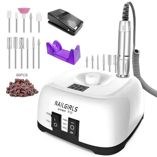 NAILGIRLS Electric Nail Drill, 11 in 1 Nail Drill Set Electric Nail Files Professional 35000RPM Acrylic Nails Gel Nails Manicure Pedicure Polishing Machine for Home and Salon Use with Foot Pedal,White