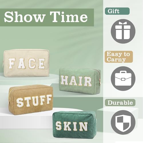 Pinkunn 4 Pcs Preppy Makeup Bags Christmas Chenille Letter Bag Face Skin Hair Stuff Cosmetic Bag Corduroy Makeup Pouch with Zipper Birthday Gifts for Women(Purple, Pink, White, Blue,Corduroy)