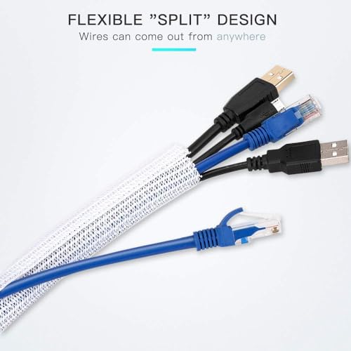 AGPTEK 6.6ft - 2/3 inch White Cable Sleeve Cover, Cord Protector Management Wire Loom Tubing Cable Sleeve Split Sleeving for Desk PC TV Computer Cable Protect Cat from Chewing Cord, White