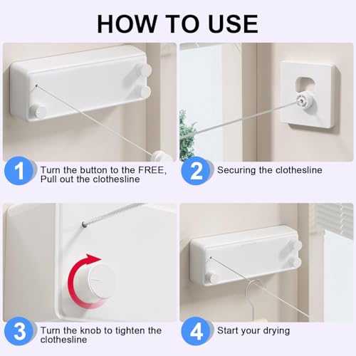 Retractable Clothesline Indoor - Double Clothes Line Retracting Outdoor Stainless Steel Clothes Line for Hanging Clothes - Wall Mounted Laundry Line (White)