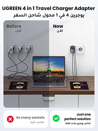 UGREEN 4-in-1 Travel Charger Adapter 30W Accepts Devices with UAE/KSA/UK Plugs for Use in Type C Sockets in European Plug Travel Converter Charger with 3 USB Ports, Type G 3 Pin to Euro C Plug
