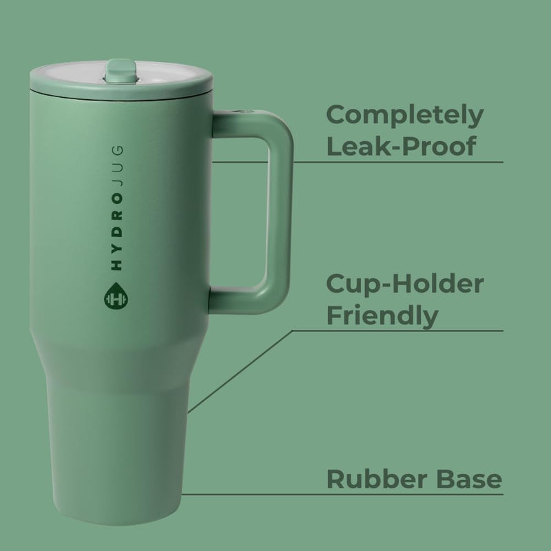 HydroJug Traveler - Modern 40 oz Tumbler with Handle & Simple Flip Straw - Car Cup Holder Friendly, Leak Resistant Water Bottle-Reusable Insulated Stainless Steel & Rubber Base - Gifts for Women & Men