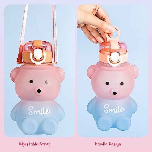 Fuyamp Kawaii Bear Water Bottle With Straw and Strap,800ml Cute Gradient Colorful Water Bottles Portable Leakproof BPA-free Drinking Cups for Kids Girls Women Sports Camping Picnic Hiking Travel