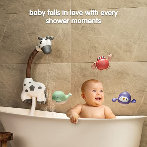 TUMAMA Baby Bath Toy Giraffe Shower Head and 3 Water Swim Toys, Bathtub Water Pump Bathing time Essentials for Toddlers Infants Kids