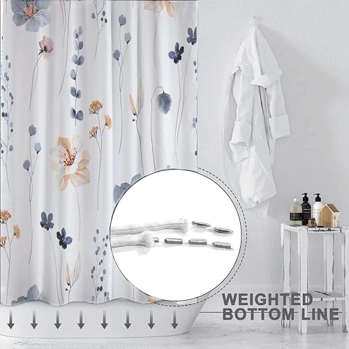 ChicAbode Watercolor Floral Shower Curtain Sets,Blue Beige Flowers Bathroom Curtains,Modern Minimalist White Bath Curtain, Waterproof Fabric with 12 Hooks 180x200 cm
