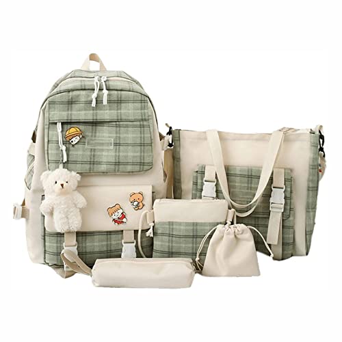 XTRANSF Kawaii Backpack 5pcs Set Aesthetic School Bags, Japanese Backpack with Badge & Pendant, Backpack Cute Aesthetic (C-Green)