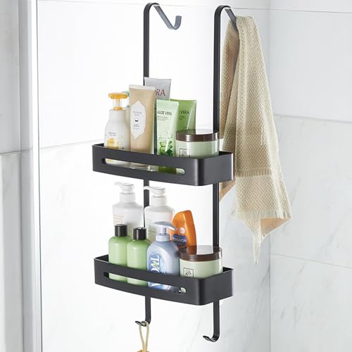 U-HOOME Shower Caddy Over The Door Hanging Shower Organizer Shelf Basket Storage Rack with Suction Cup,Bathroom Shelves Basket Rack Drill Free Pantry Organizer Rack (Black)