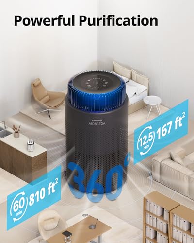COWAY Air Purifier for Bedroom Home Up to 810 Ft, True HEPA Filter for Smoke, Allergies, Pet Dander Oder, AQI, Auto & Sleep Mode, Timer, Filter Indicator, Night Light, 3yr Warranty, Airmega 100, BLACK