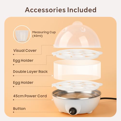 Baytion Double Layer Egg Cooker 350W, 14pcs Rapid Egg Boiler with Auto Shut Off, Electric Egg Steamer for Hard, Medium and Soft Boiled Eggs (White)